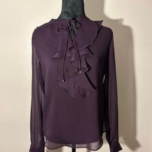 Purple Tommy Hilfiger Ruffle-Tie V neck Long Sleeve Blouse